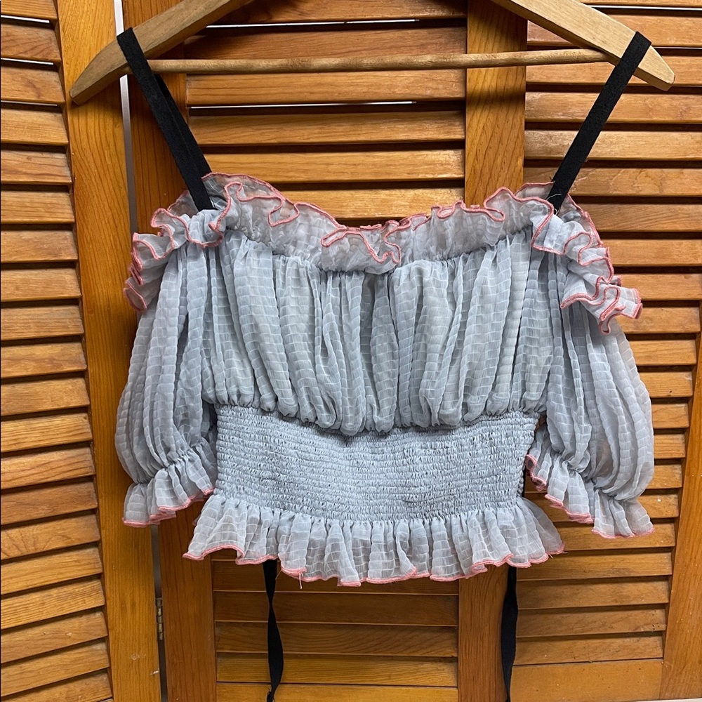 Elegant Gray and Pink Ruffled Blouse
